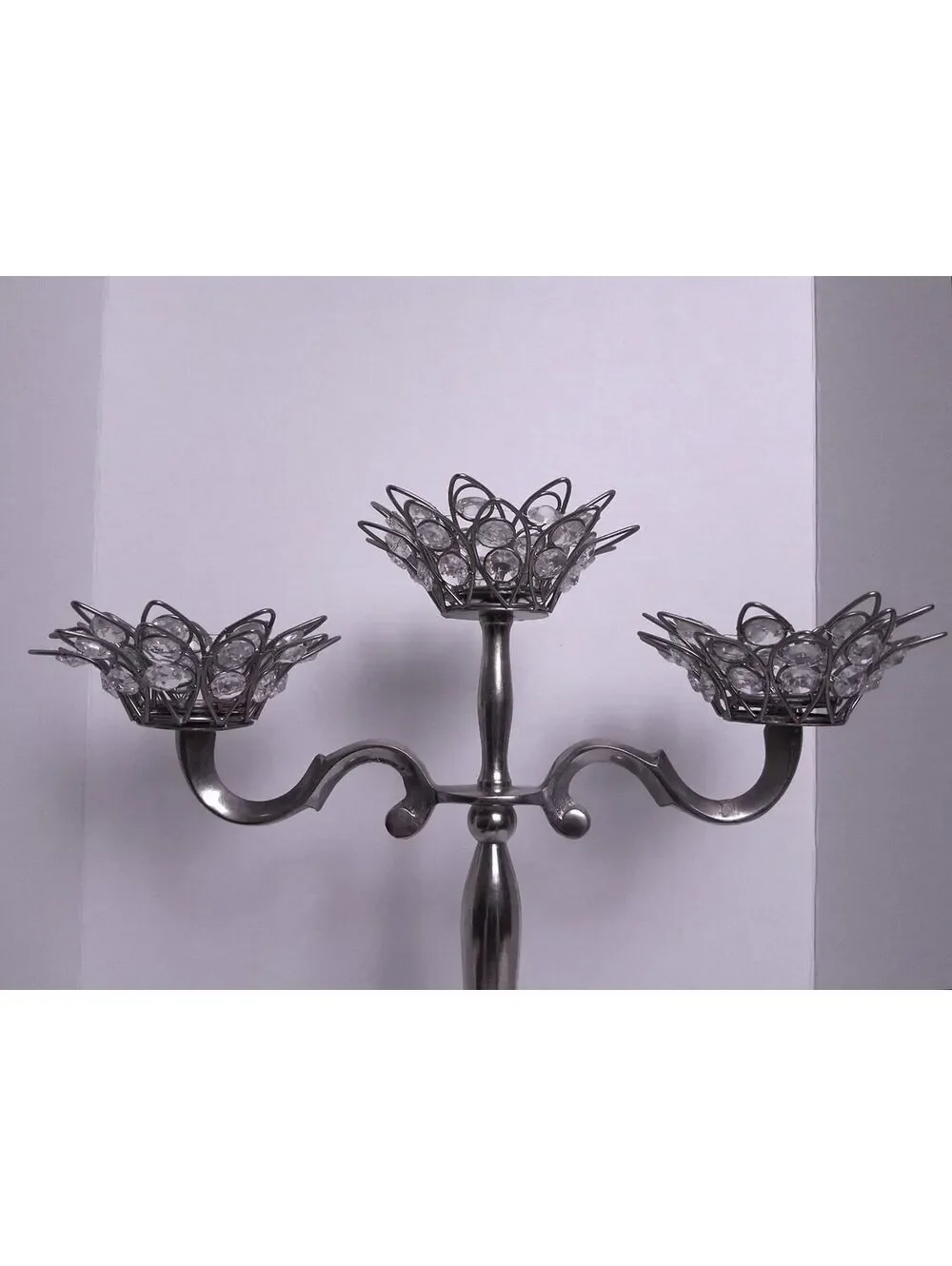 Elegant 3-Arm Silver Metal Candelabra with Crystal Beaded Flower Cups